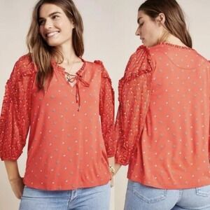 Anthropologie‎ Maeve Jacquin Sheer Ruffled Sleeve Metallic Peasant Blouse - S